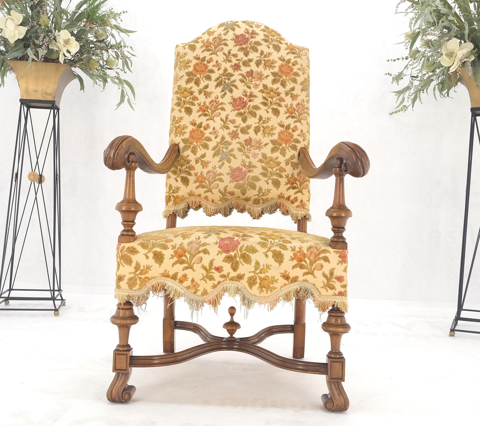 EstablishedLines long Carved Walnut Arms Tall Back Turned Legs X Base Stretcher Arm Chair MINT!