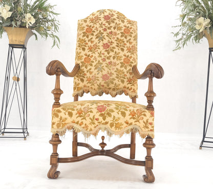 EstablishedLines long Carved Walnut Arms Tall Back Turned Legs X Base Stretcher Arm Chair MINT!