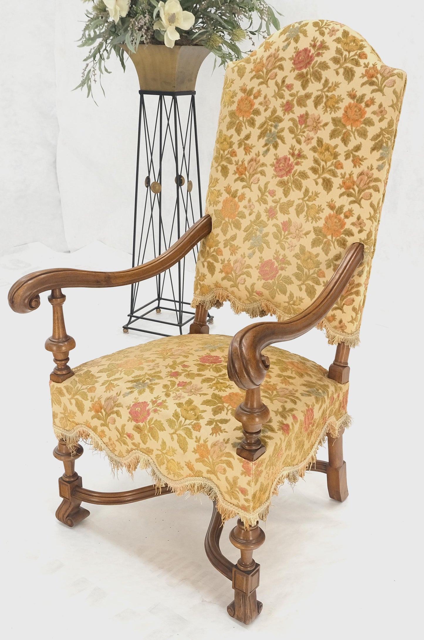 EstablishedLines long Carved Walnut Arms Tall Back Turned Legs X Base Stretcher Arm Chair MINT!