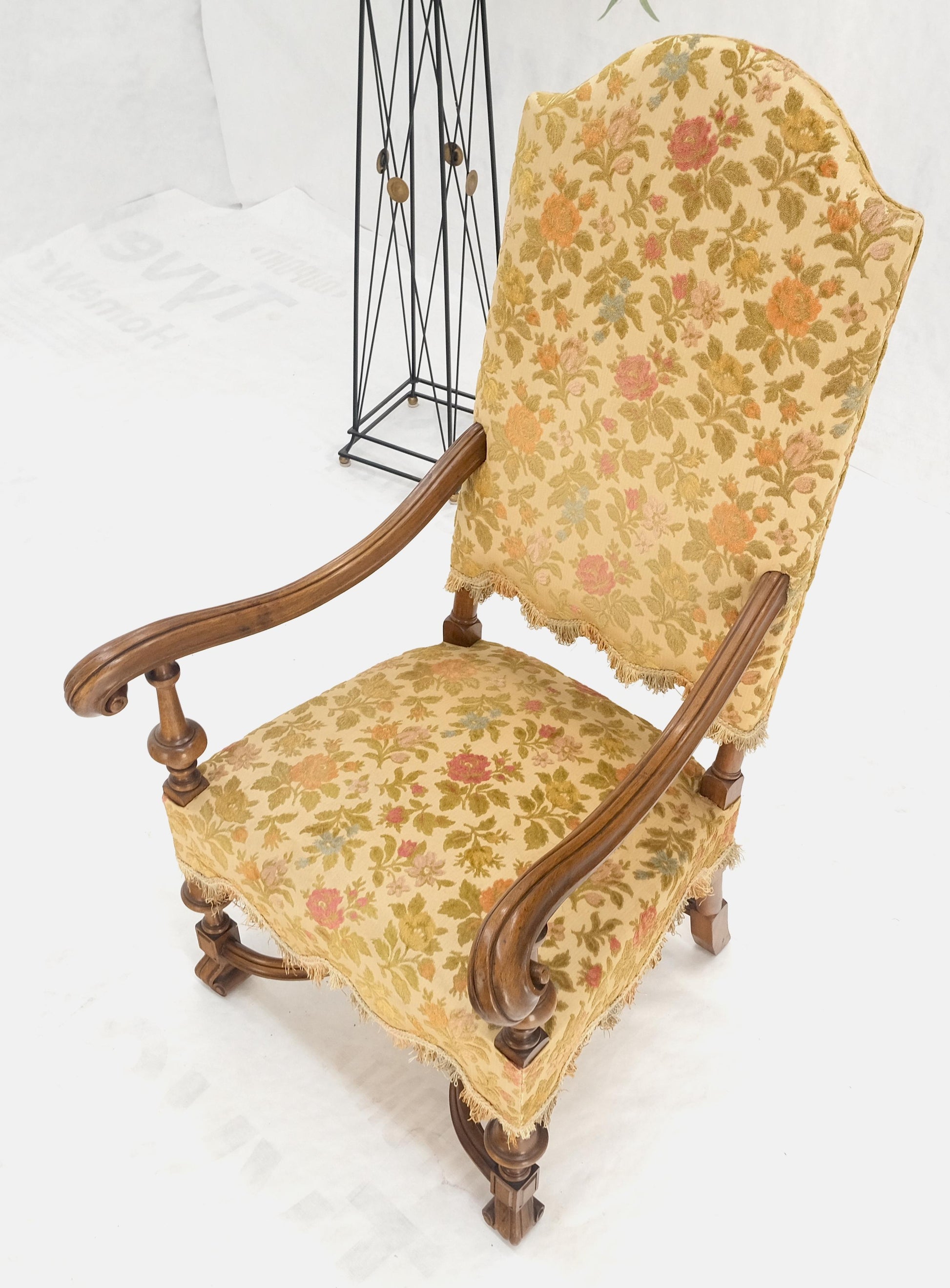 EstablishedLines long Carved Walnut Arms Tall Back Turned Legs X Base Stretcher Arm Chair MINT!