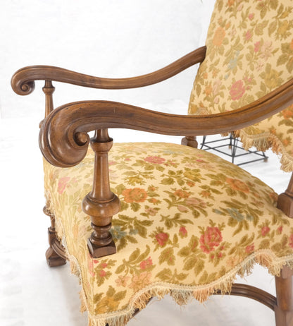 EstablishedLines long Carved Walnut Arms Tall Back Turned Legs X Base Stretcher Arm Chair MINT!