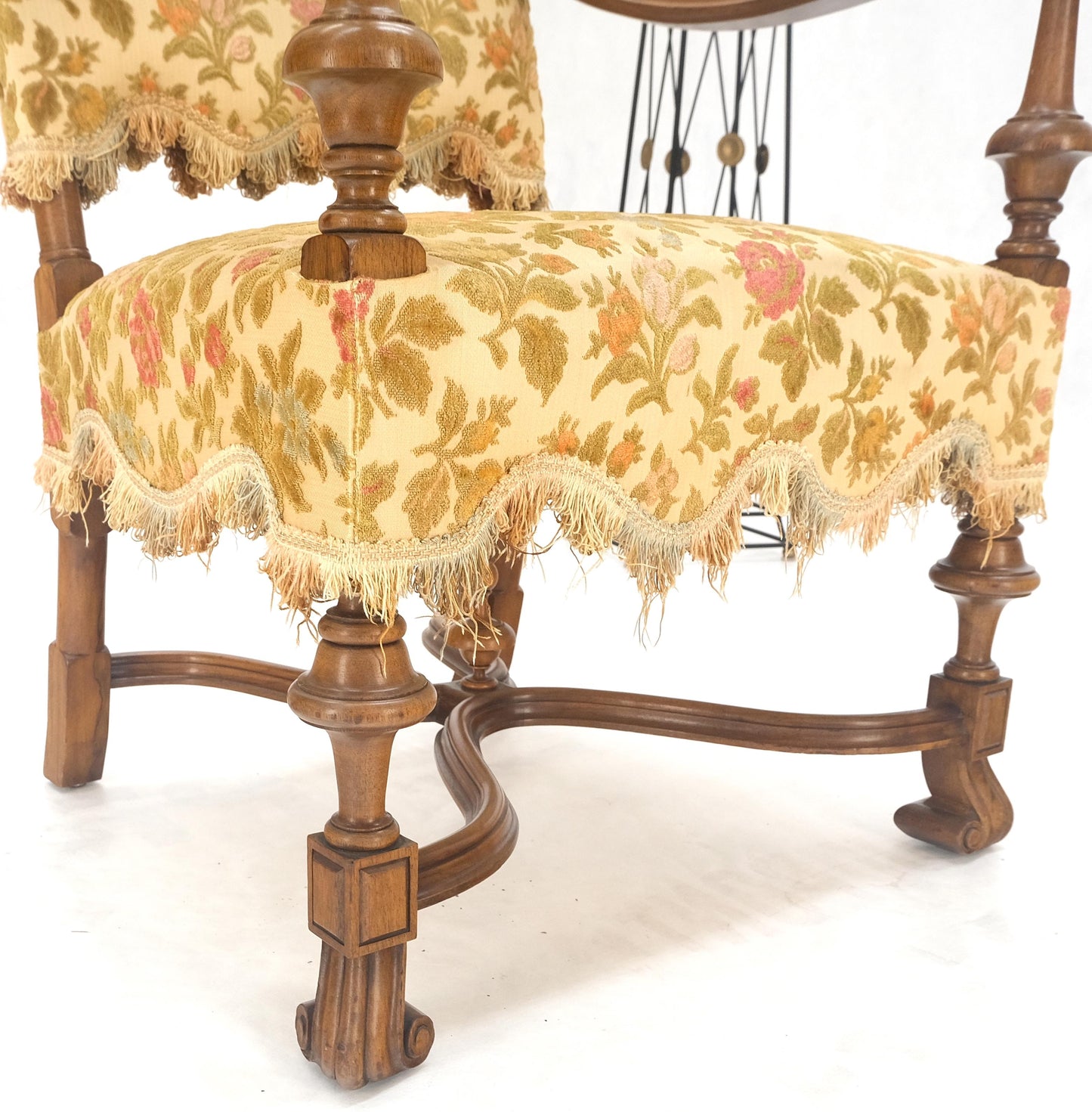 EstablishedLines long Carved Walnut Arms Tall Back Turned Legs X Base Stretcher Arm Chair MINT!