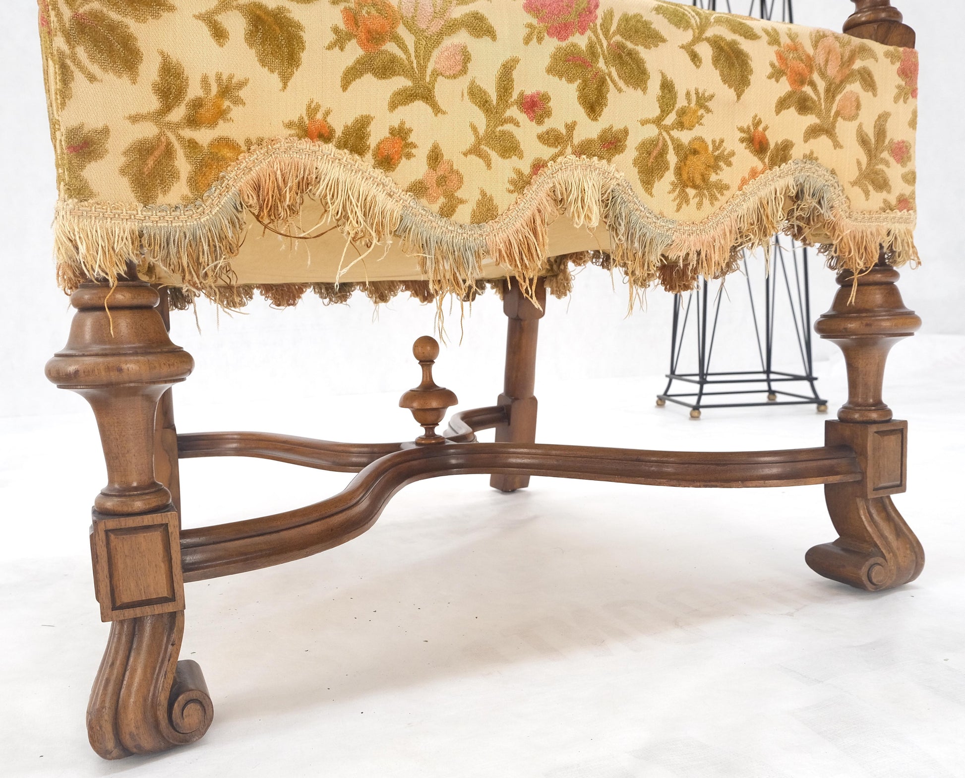 EstablishedLines long Carved Walnut Arms Tall Back Turned Legs X Base Stretcher Arm Chair MINT!