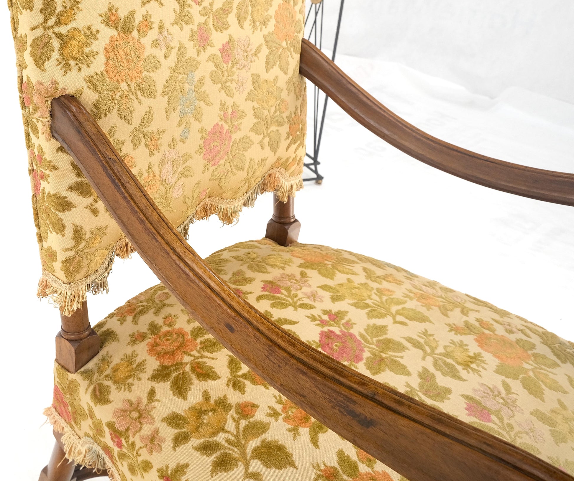 EstablishedLines long Carved Walnut Arms Tall Back Turned Legs X Base Stretcher Arm Chair MINT!