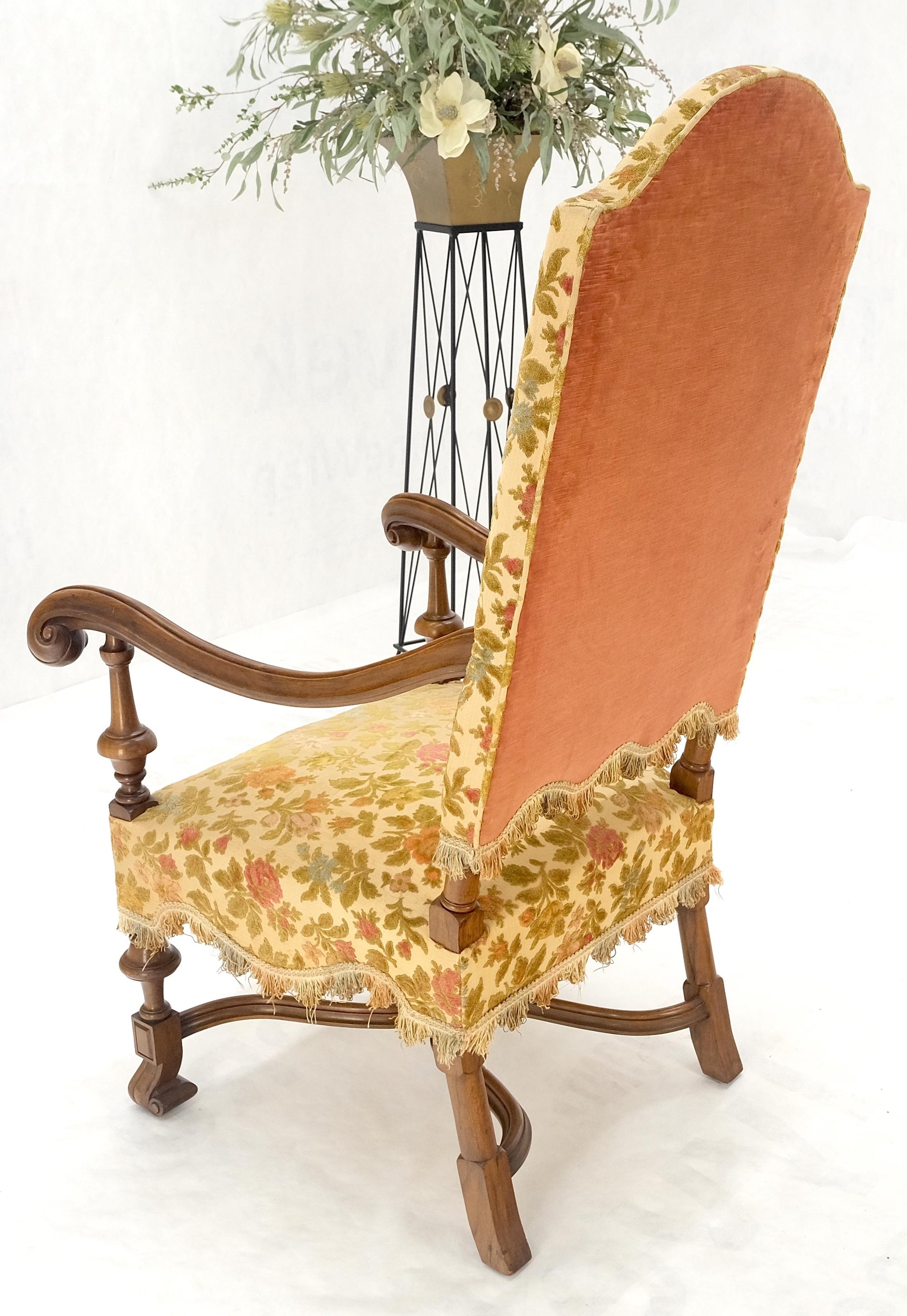 EstablishedLines long Carved Walnut Arms Tall Back Turned Legs X Base Stretcher Arm Chair MINT!