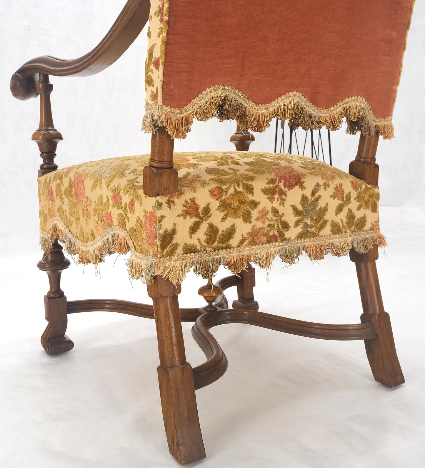 EstablishedLines long Carved Walnut Arms Tall Back Turned Legs X Base Stretcher Arm Chair MINT!