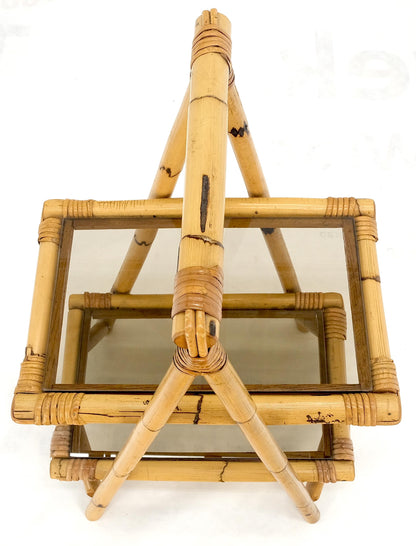 EstablishedLines Smoked Glass Two Tier Burnt Bamboo Top Handle Occasional Side Table Stand MINT!