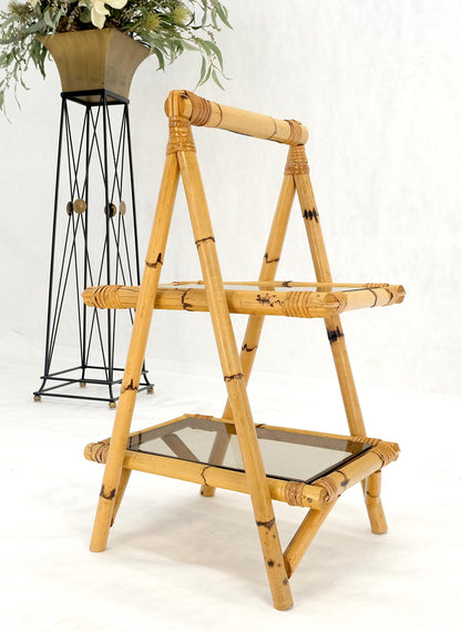 EstablishedLines Smoked Glass Two Tier Burnt Bamboo Top Handle Occasional Side Table Stand MINT!