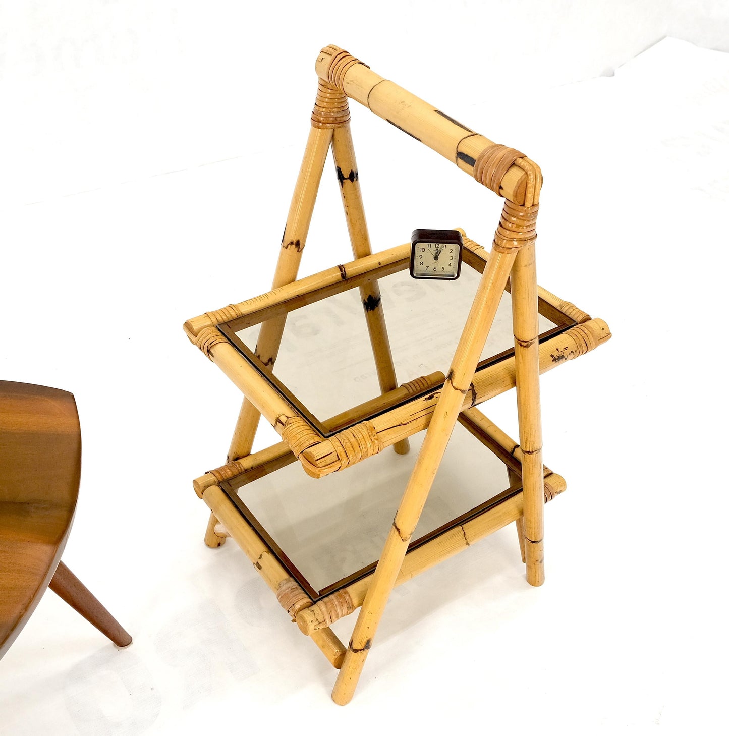 EstablishedLines Smoked Glass Two Tier Burnt Bamboo Top Handle Occasional Side Table Stand MINT!