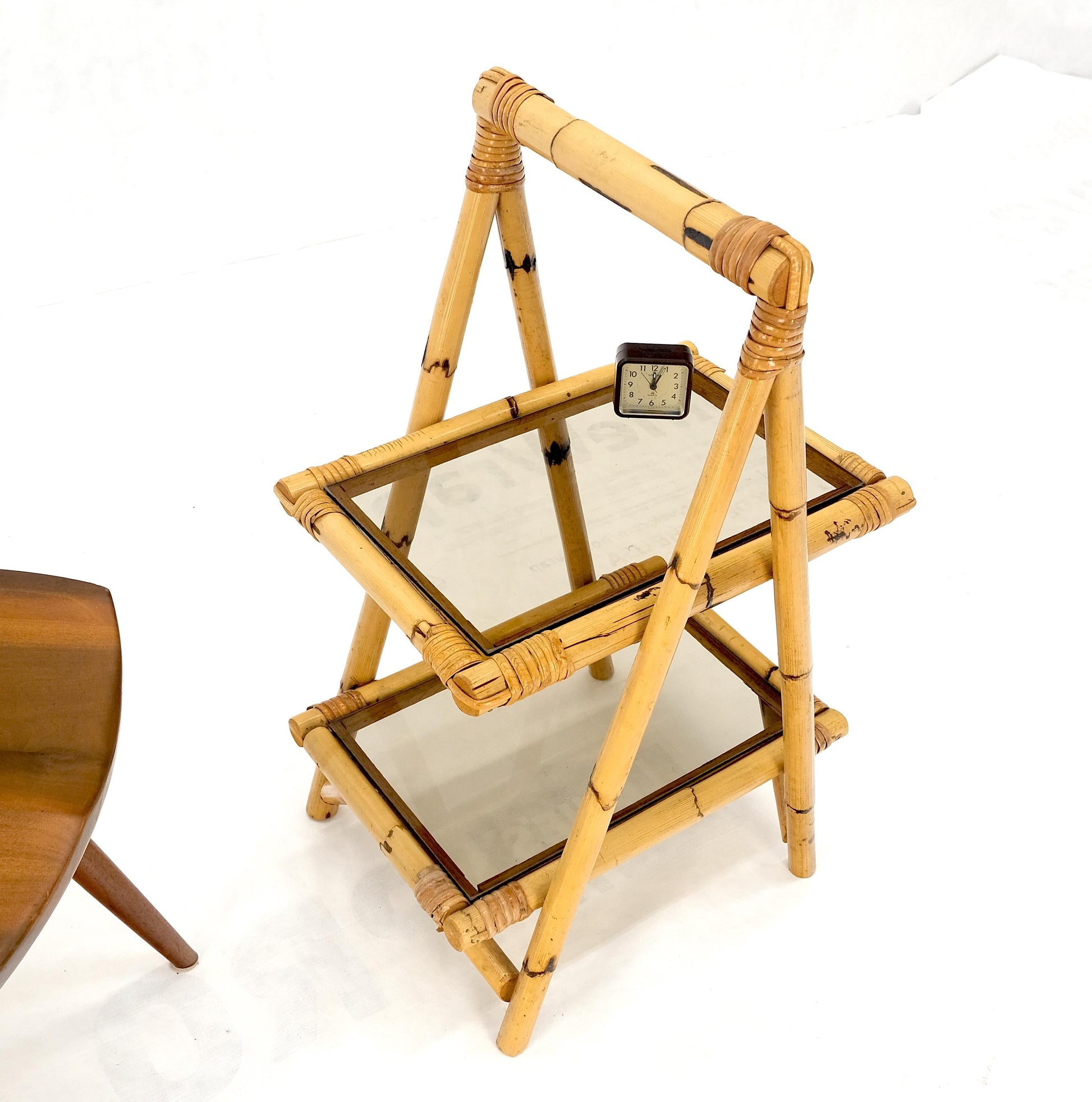 EstablishedLines Smoked Glass Two Tier Burnt Bamboo Top Handle Occasional Side Table Stand MINT!