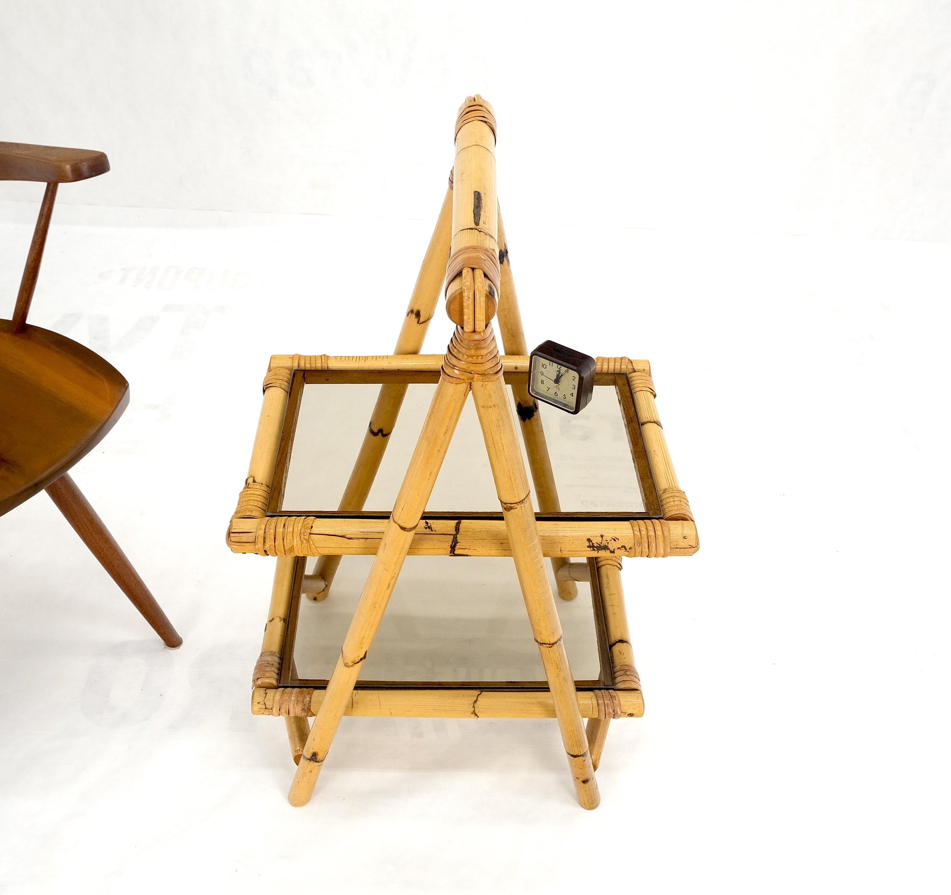 EstablishedLines Smoked Glass Two Tier Burnt Bamboo Top Handle Occasional Side Table Stand MINT!