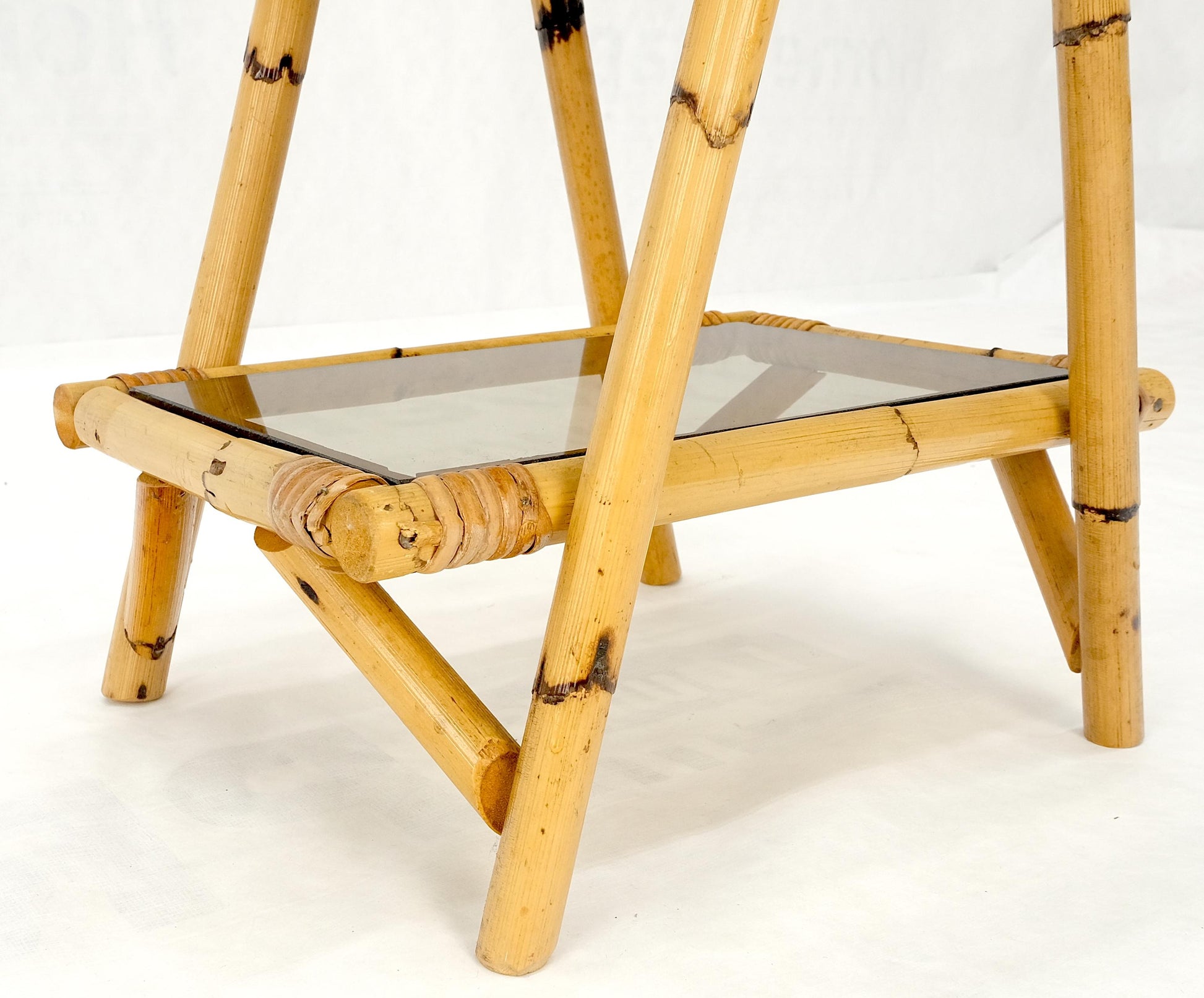 EstablishedLines Smoked Glass Two Tier Burnt Bamboo Top Handle Occasional Side Table Stand MINT!