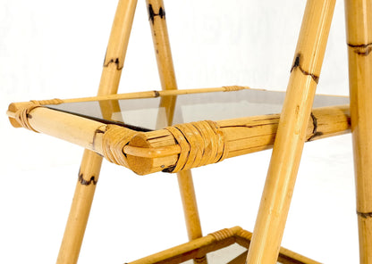 EstablishedLines Smoked Glass Two Tier Burnt Bamboo Top Handle Occasional Side Table Stand MINT!