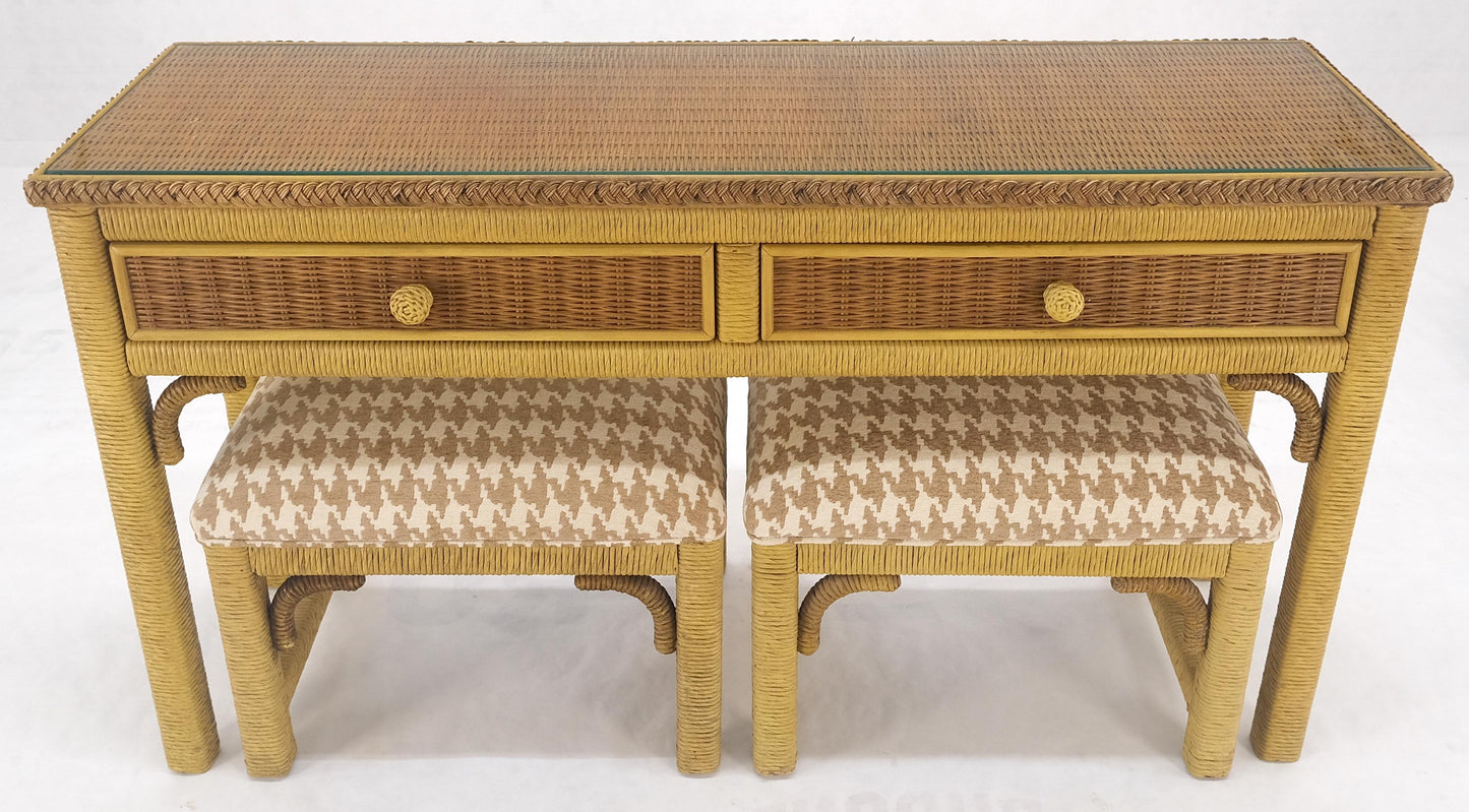 EstablishedLines Mid Century Modern Wicker Glass Top Consoel Table w/ Pair of Matching Benches