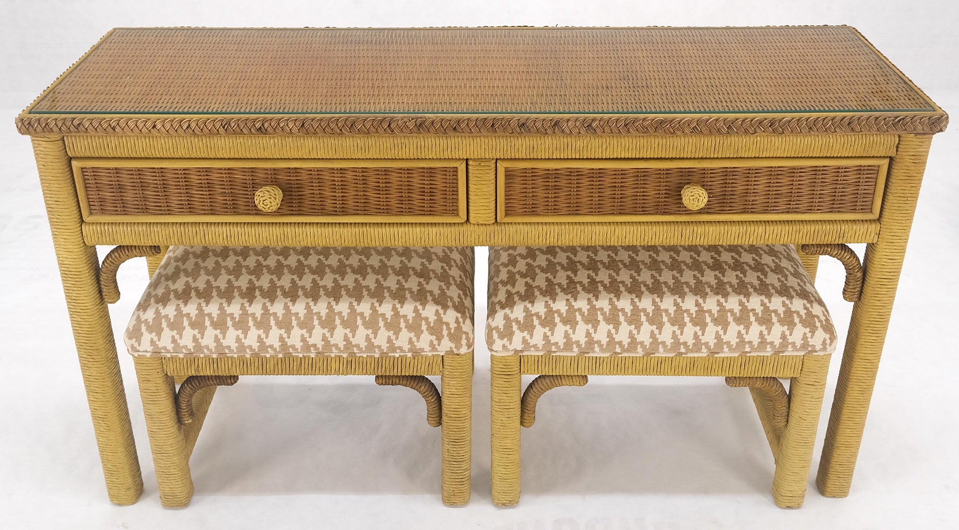 EstablishedLines Mid Century Modern Wicker Glass Top Consoel Table w/ Pair of Matching Benches