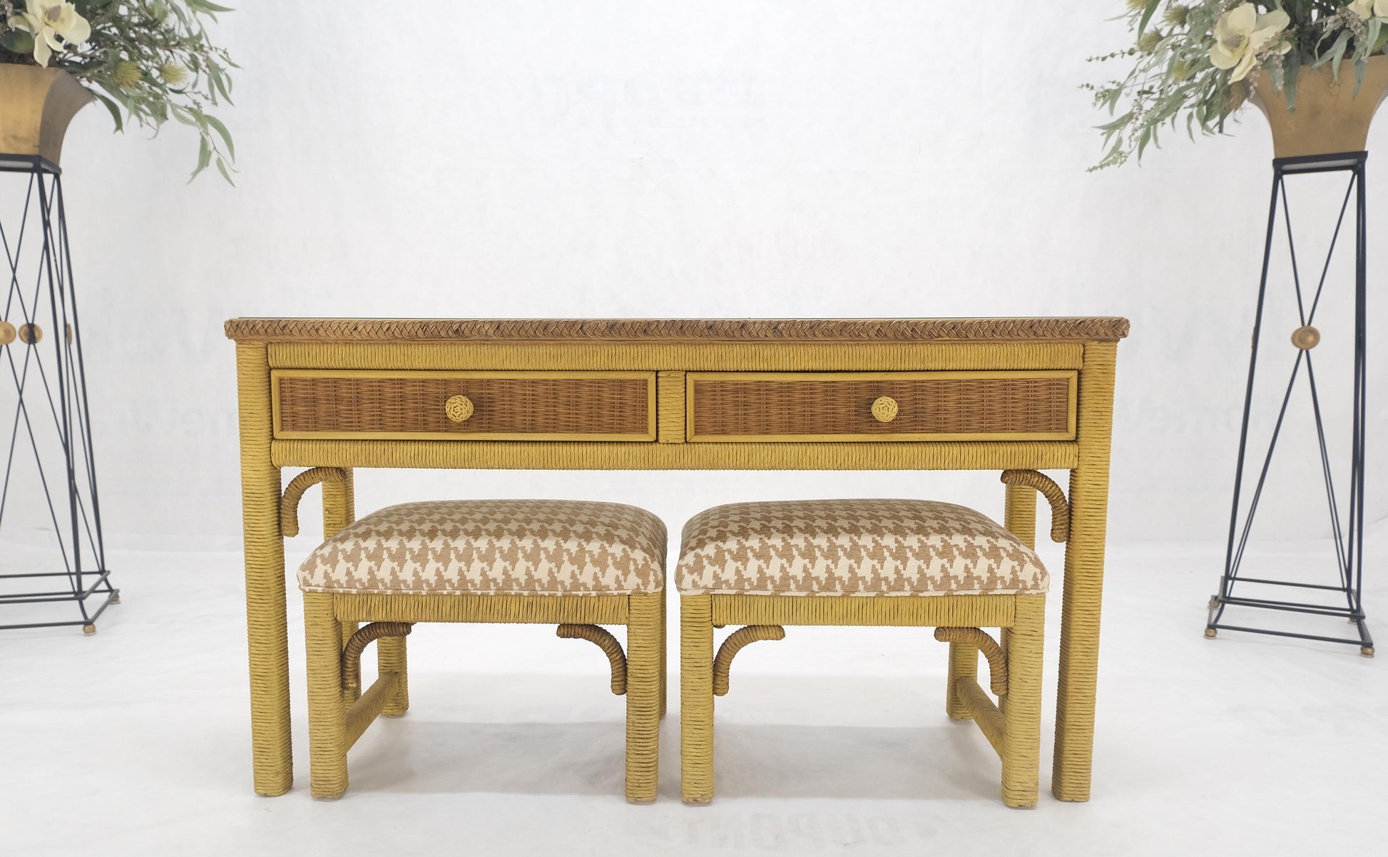 EstablishedLines Mid Century Modern Wicker Glass Top Consoel Table w/ Pair of Matching Benches