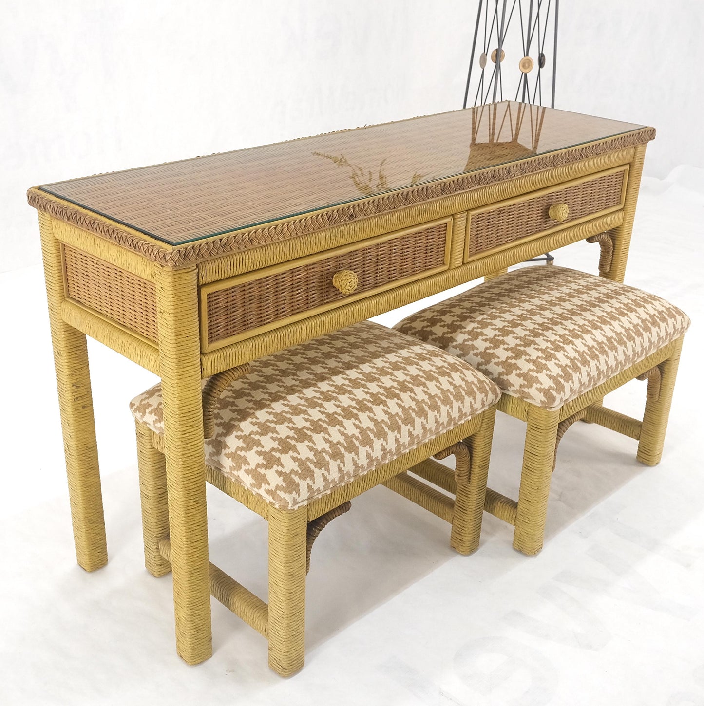 EstablishedLines Mid Century Modern Wicker Glass Top Consoel Table w/ Pair of Matching Benches