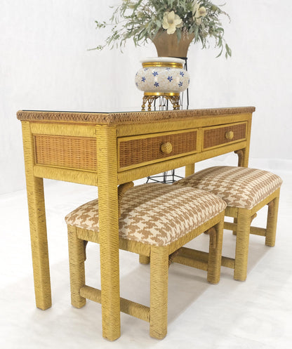 EstablishedLines Mid Century Modern Wicker Glass Top Consoel Table w/ Pair of Matching Benches
