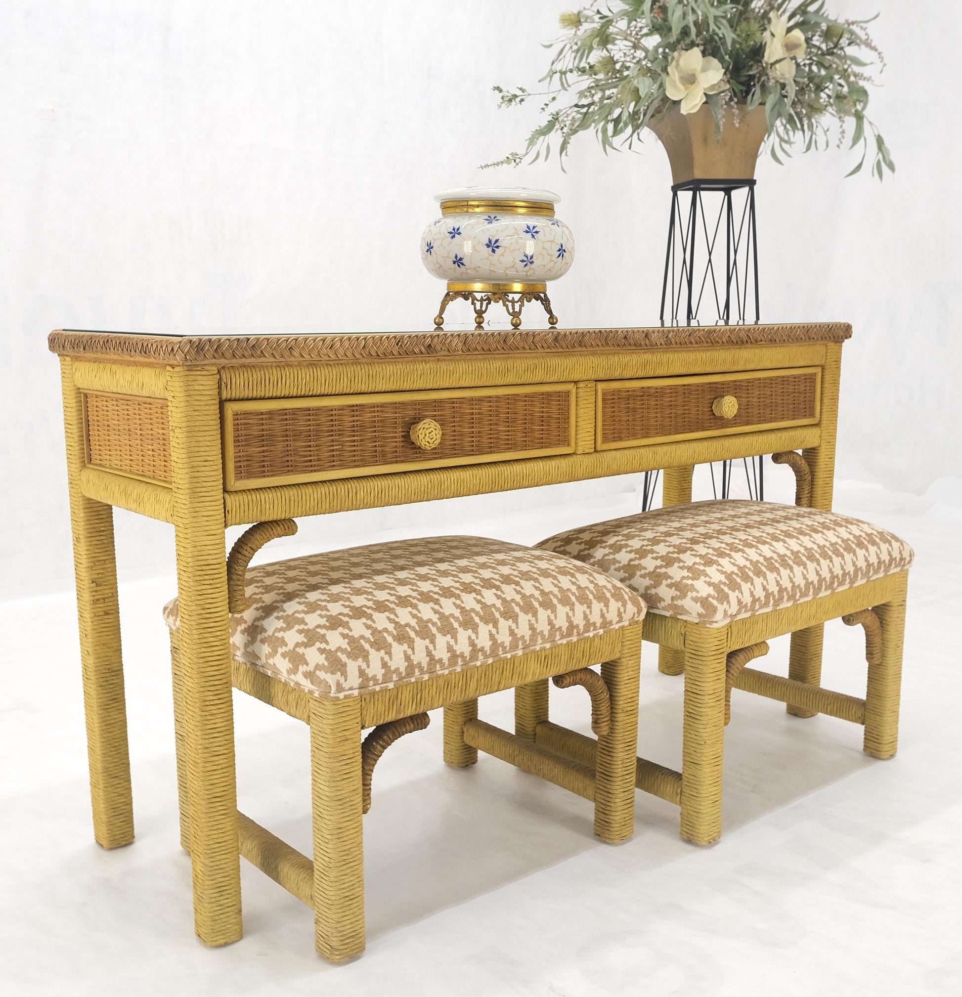 EstablishedLines Mid Century Modern Wicker Glass Top Consoel Table w/ Pair of Matching Benches