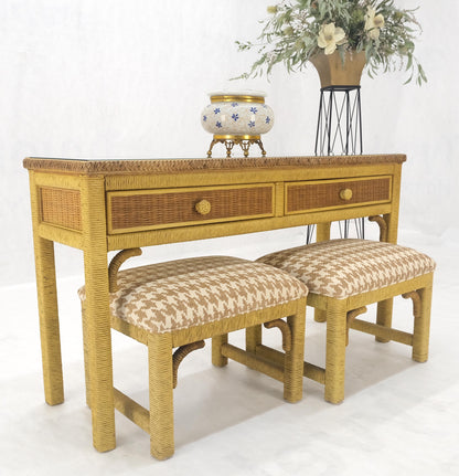 EstablishedLines Mid Century Modern Wicker Glass Top Consoel Table w/ Pair of Matching Benches