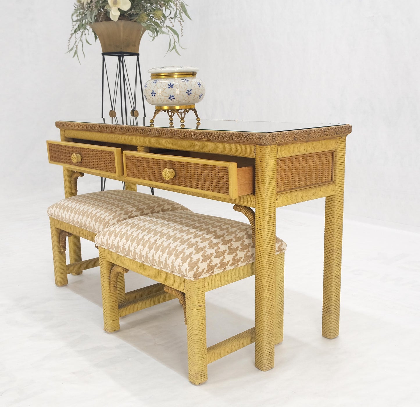 EstablishedLines Mid Century Modern Wicker Glass Top Consoel Table w/ Pair of Matching Benches