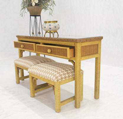 EstablishedLines Mid Century Modern Wicker Glass Top Consoel Table w/ Pair of Matching Benches