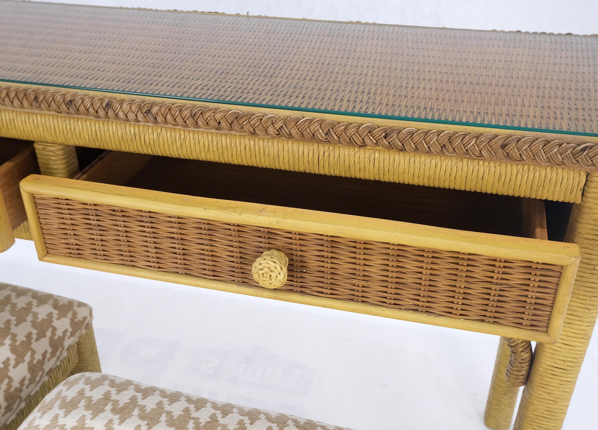 EstablishedLines Mid Century Modern Wicker Glass Top Consoel Table w/ Pair of Matching Benches