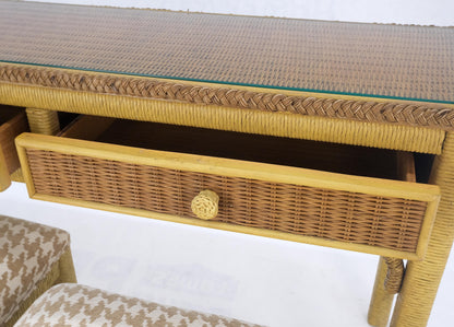 EstablishedLines Mid Century Modern Wicker Glass Top Consoel Table w/ Pair of Matching Benches