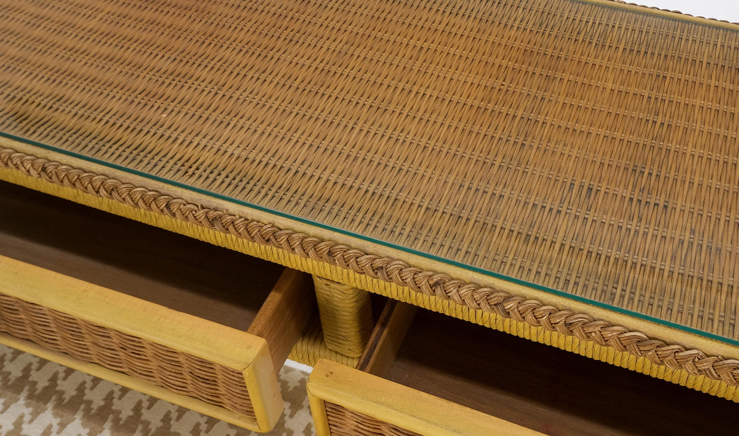 EstablishedLines Mid Century Modern Wicker Glass Top Consoel Table w/ Pair of Matching Benches