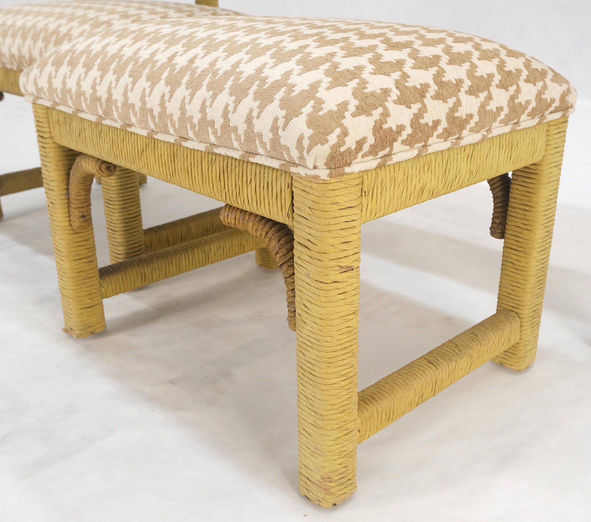 EstablishedLines Mid Century Modern Wicker Glass Top Consoel Table w/ Pair of Matching Benches