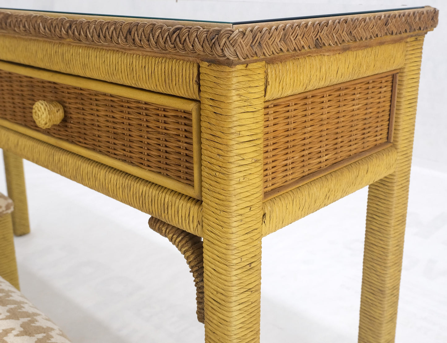 EstablishedLines Mid Century Modern Wicker Glass Top Consoel Table w/ Pair of Matching Benches