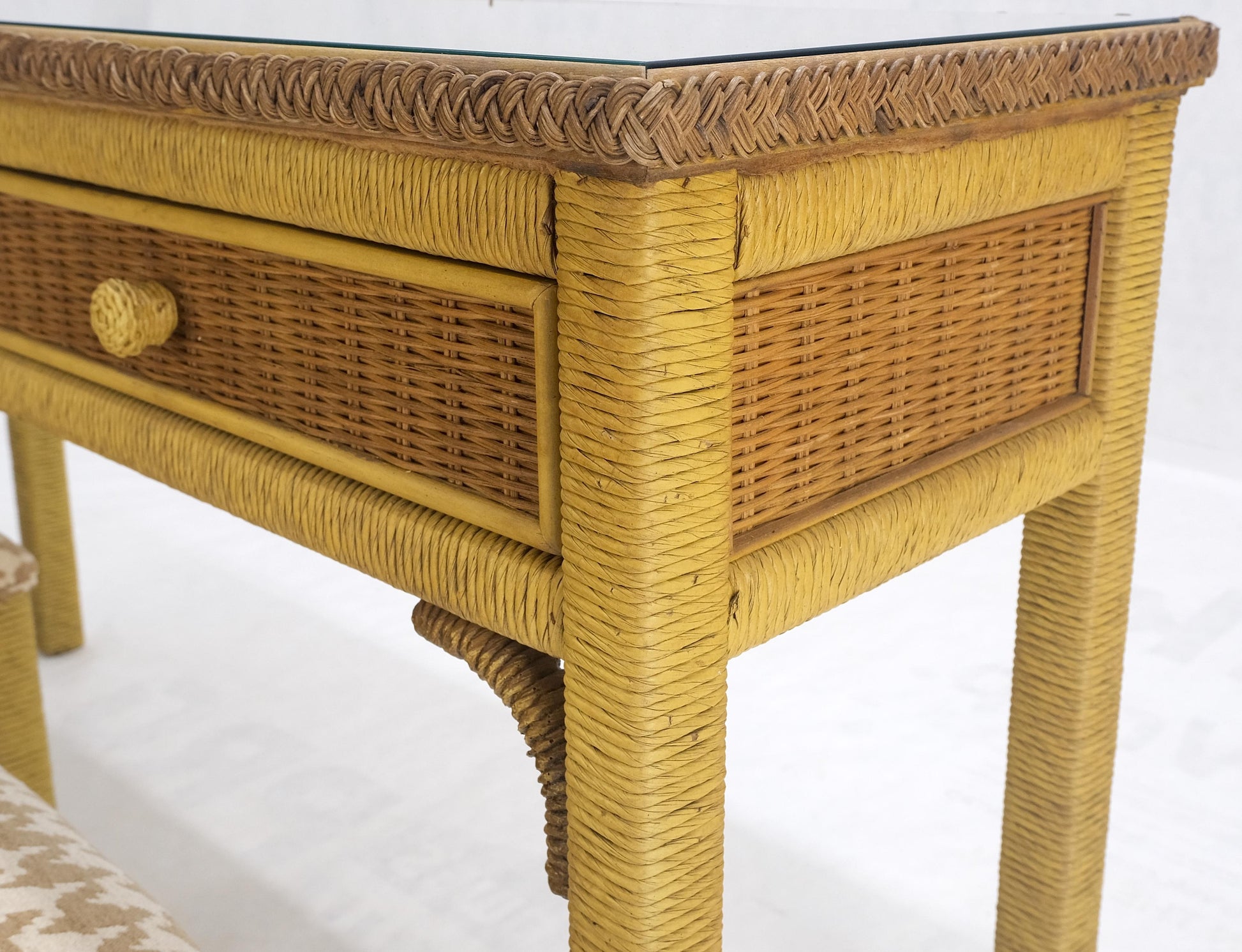 EstablishedLines Mid Century Modern Wicker Glass Top Consoel Table w/ Pair of Matching Benches