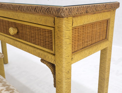 EstablishedLines Mid Century Modern Wicker Glass Top Consoel Table w/ Pair of Matching Benches