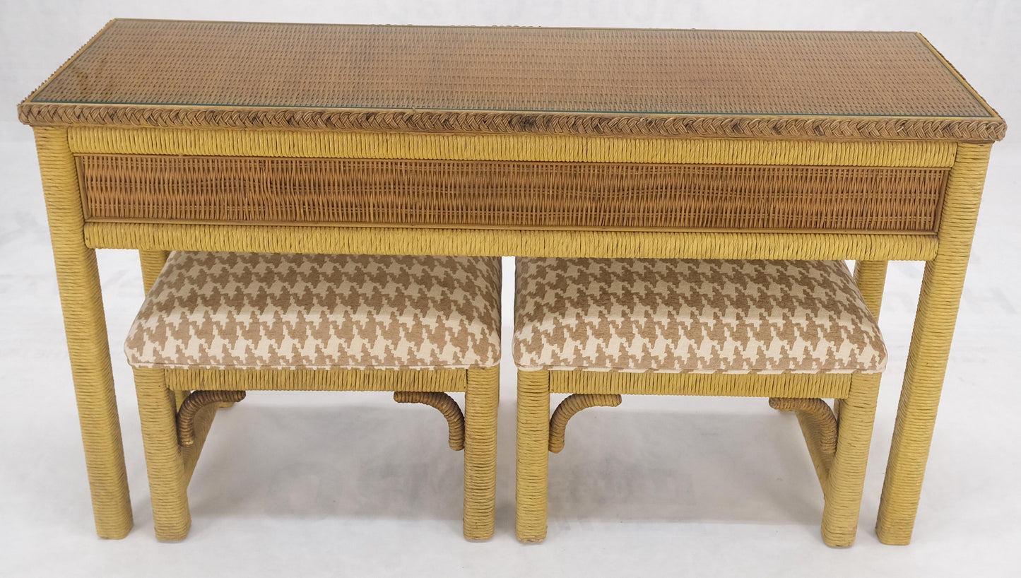EstablishedLines Mid Century Modern Wicker Glass Top Consoel Table w/ Pair of Matching Benches