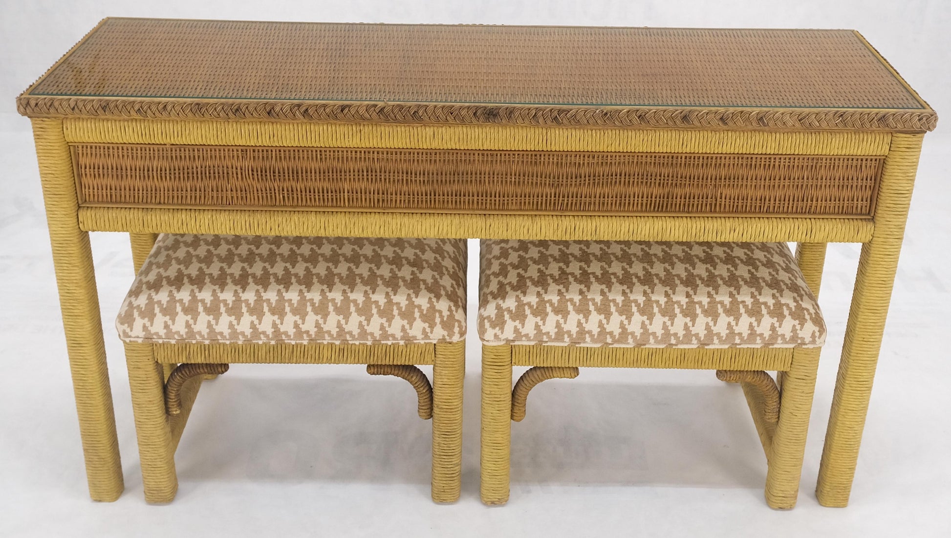 EstablishedLines Mid Century Modern Wicker Glass Top Consoel Table w/ Pair of Matching Benches