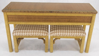 EstablishedLines Mid Century Modern Wicker Glass Top Consoel Table w/ Pair of Matching Benches