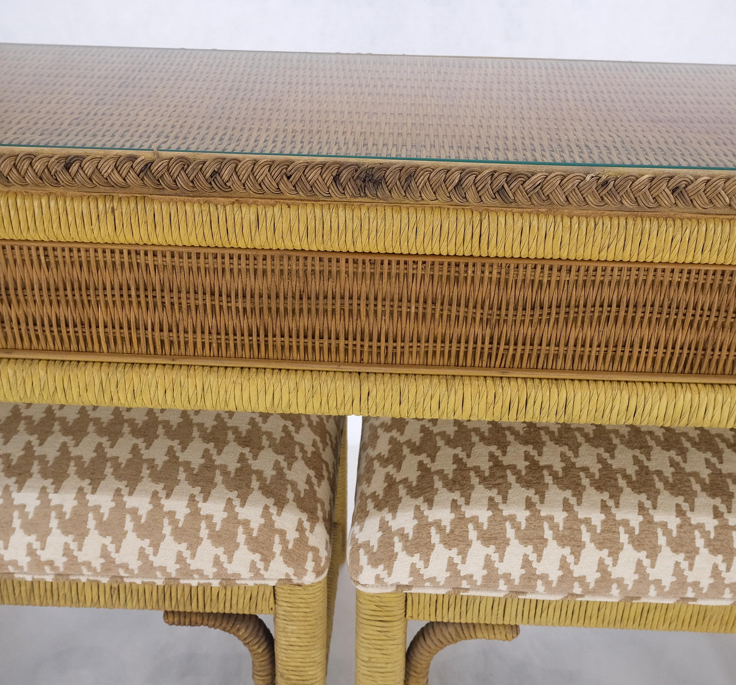 EstablishedLines Mid Century Modern Wicker Glass Top Consoel Table w/ Pair of Matching Benches