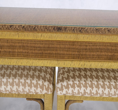 EstablishedLines Mid Century Modern Wicker Glass Top Consoel Table w/ Pair of Matching Benches