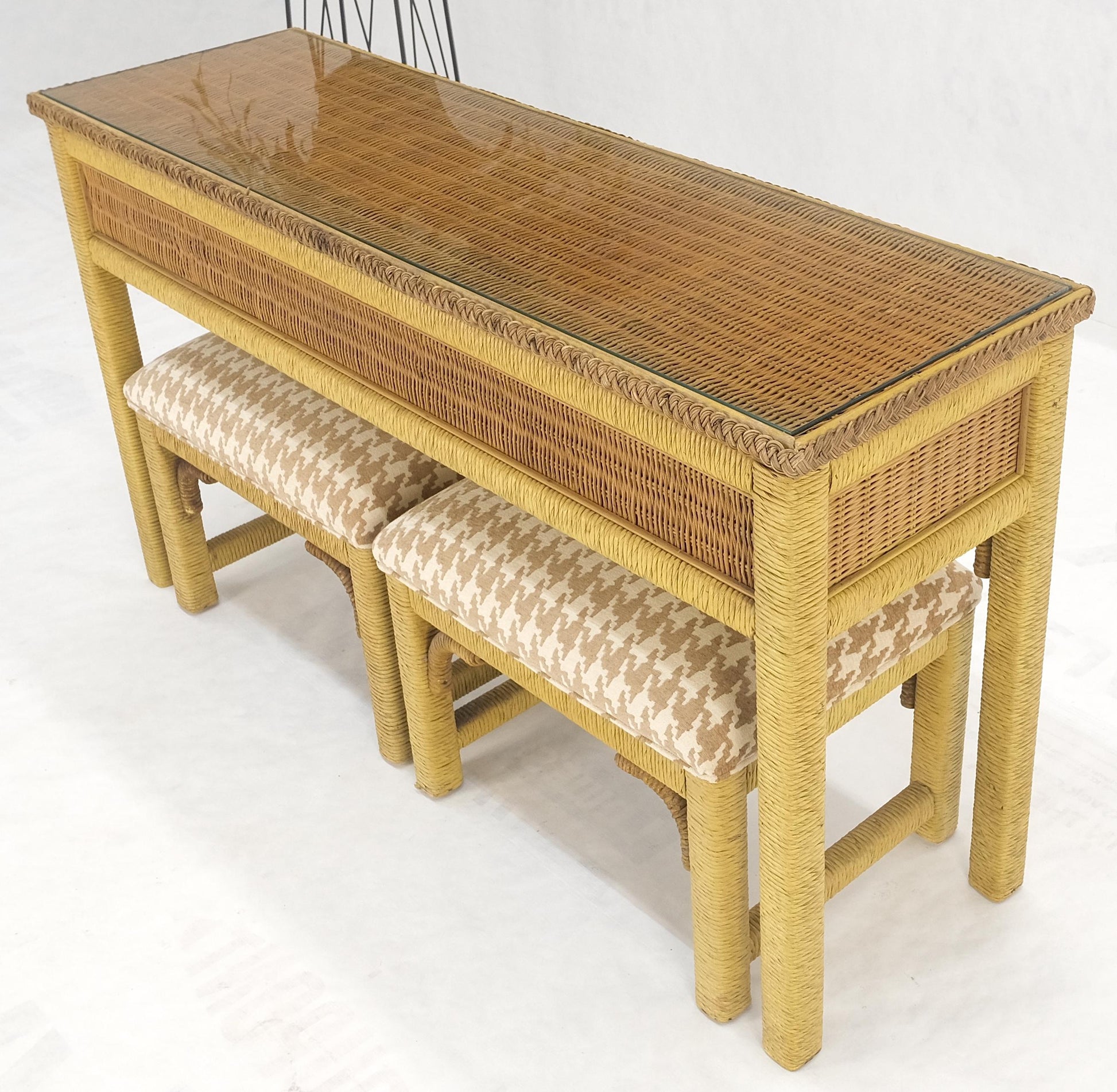 EstablishedLines Mid Century Modern Wicker Glass Top Consoel Table w/ Pair of Matching Benches