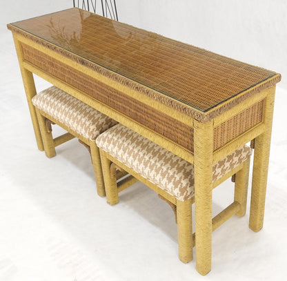 EstablishedLines Mid Century Modern Wicker Glass Top Consoel Table w/ Pair of Matching Benches