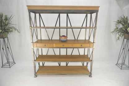 EstablishedLines Large Drexel Oak Shelves 5' Wide Iron Etagere Bakers Rack  3 Drawer Console MINT