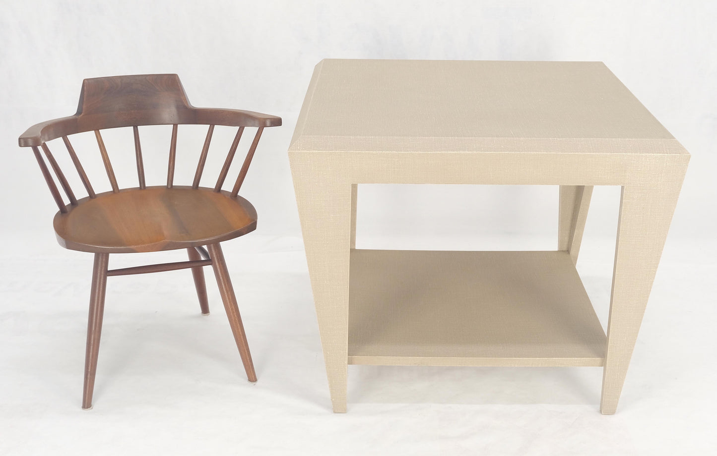 EstablishedLines Lacquered Cloth Rectangle Tapered Legs Two Tier Bottom Shelf Beige End Table