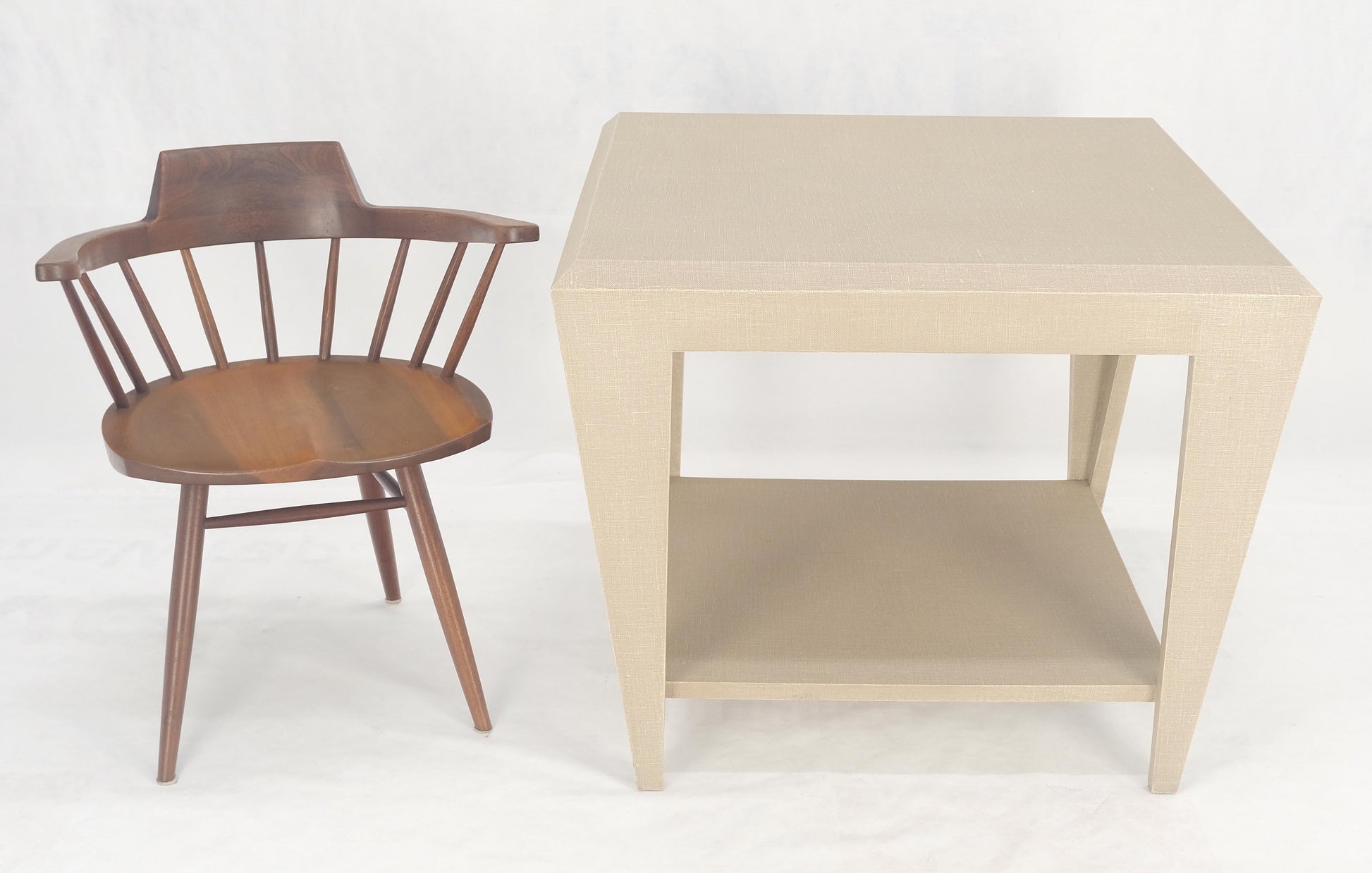 EstablishedLines Lacquered Cloth Rectangle Tapered Legs Two Tier Bottom Shelf Beige End Table