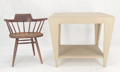 EstablishedLines Lacquered Cloth Rectangle Tapered Legs Two Tier Bottom Shelf Beige End Table