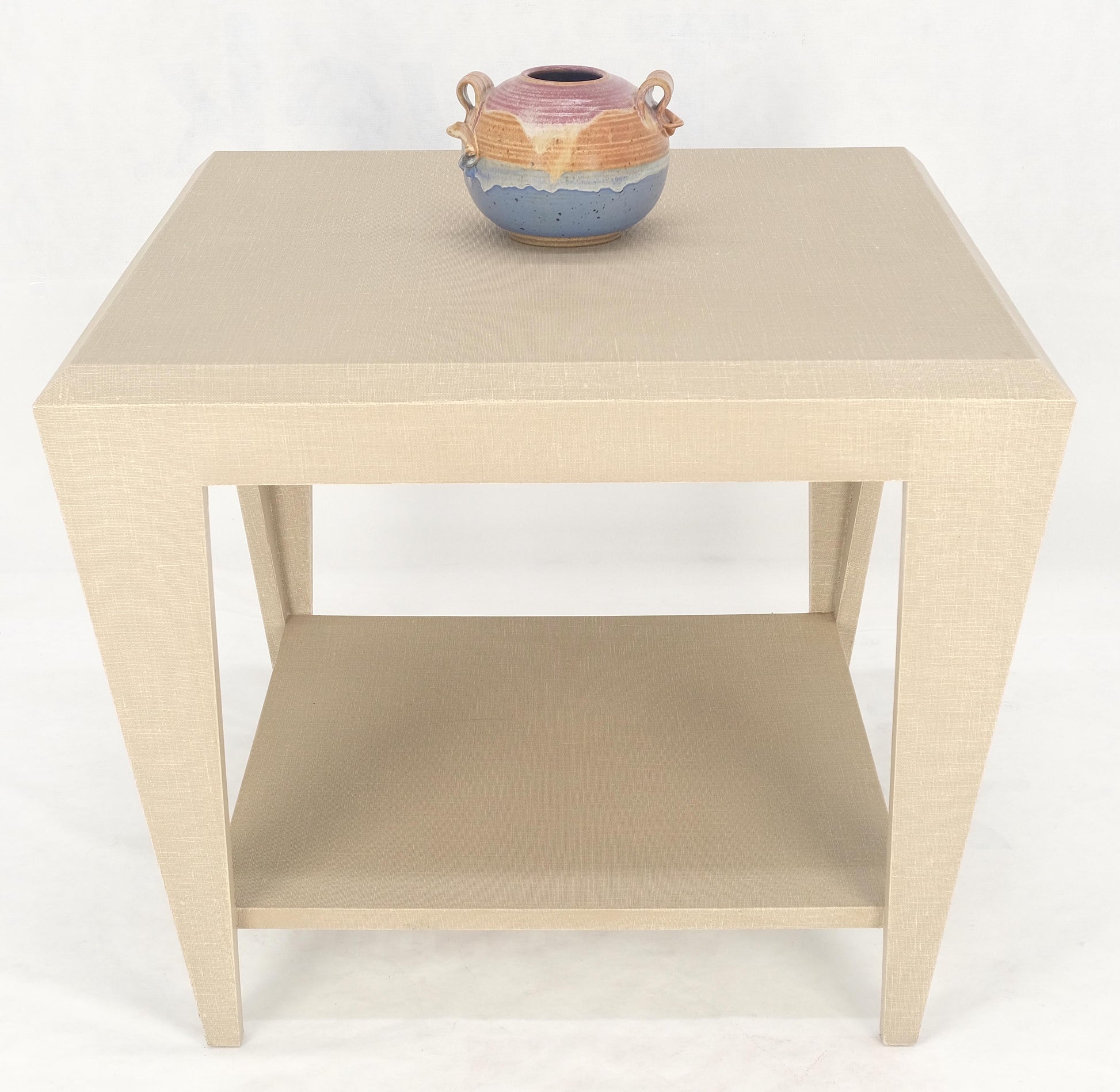 EstablishedLines Lacquered Cloth Rectangle Tapered Legs Two Tier Bottom Shelf Beige End Table