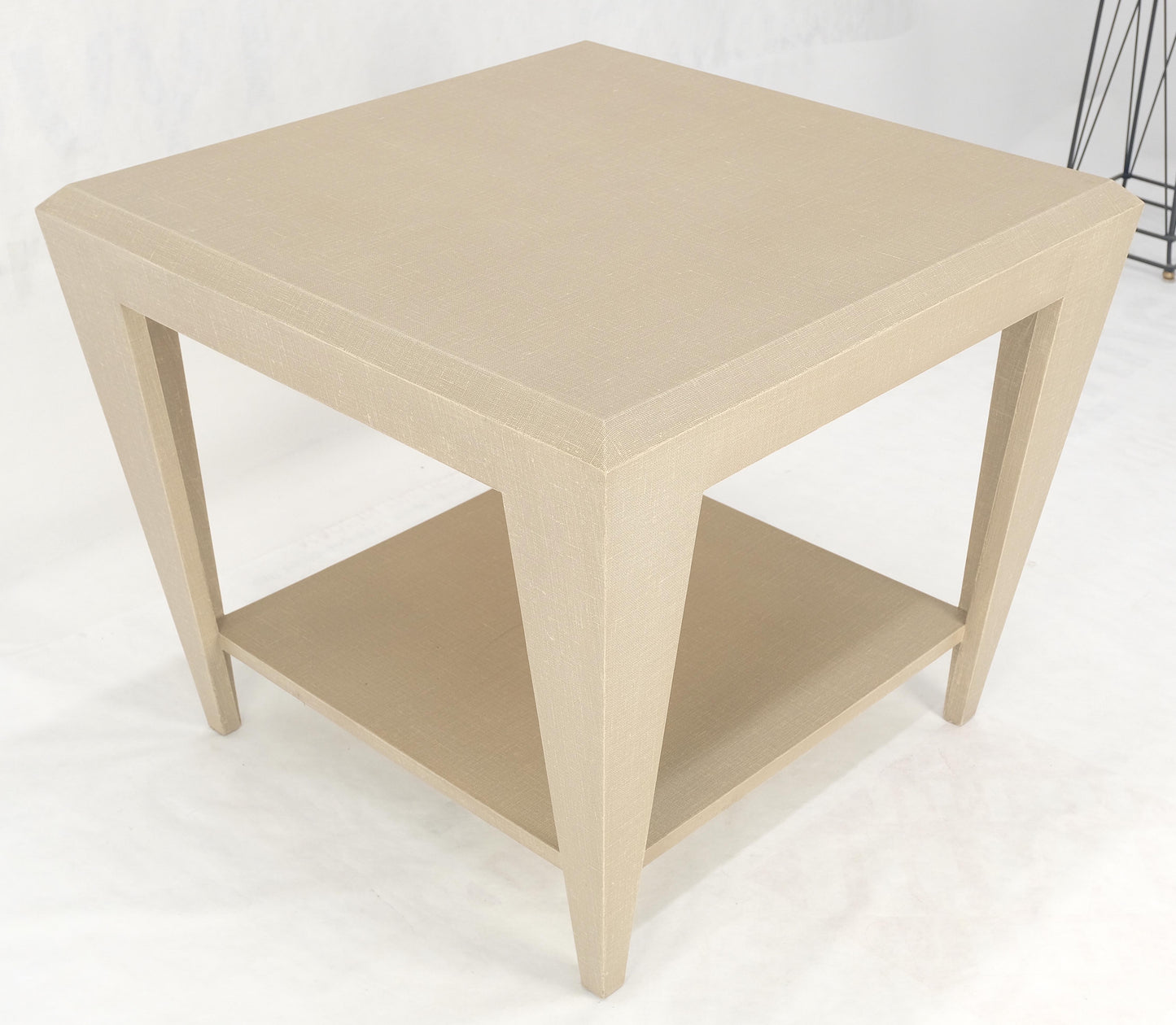 EstablishedLines Lacquered Cloth Rectangle Tapered Legs Two Tier Bottom Shelf Beige End Table