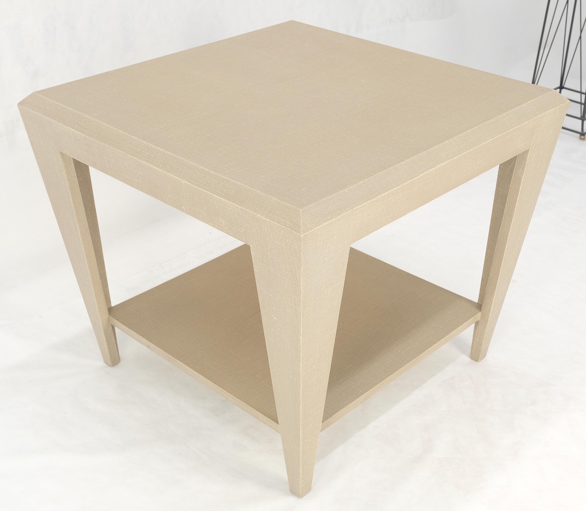 EstablishedLines Lacquered Cloth Rectangle Tapered Legs Two Tier Bottom Shelf Beige End Table