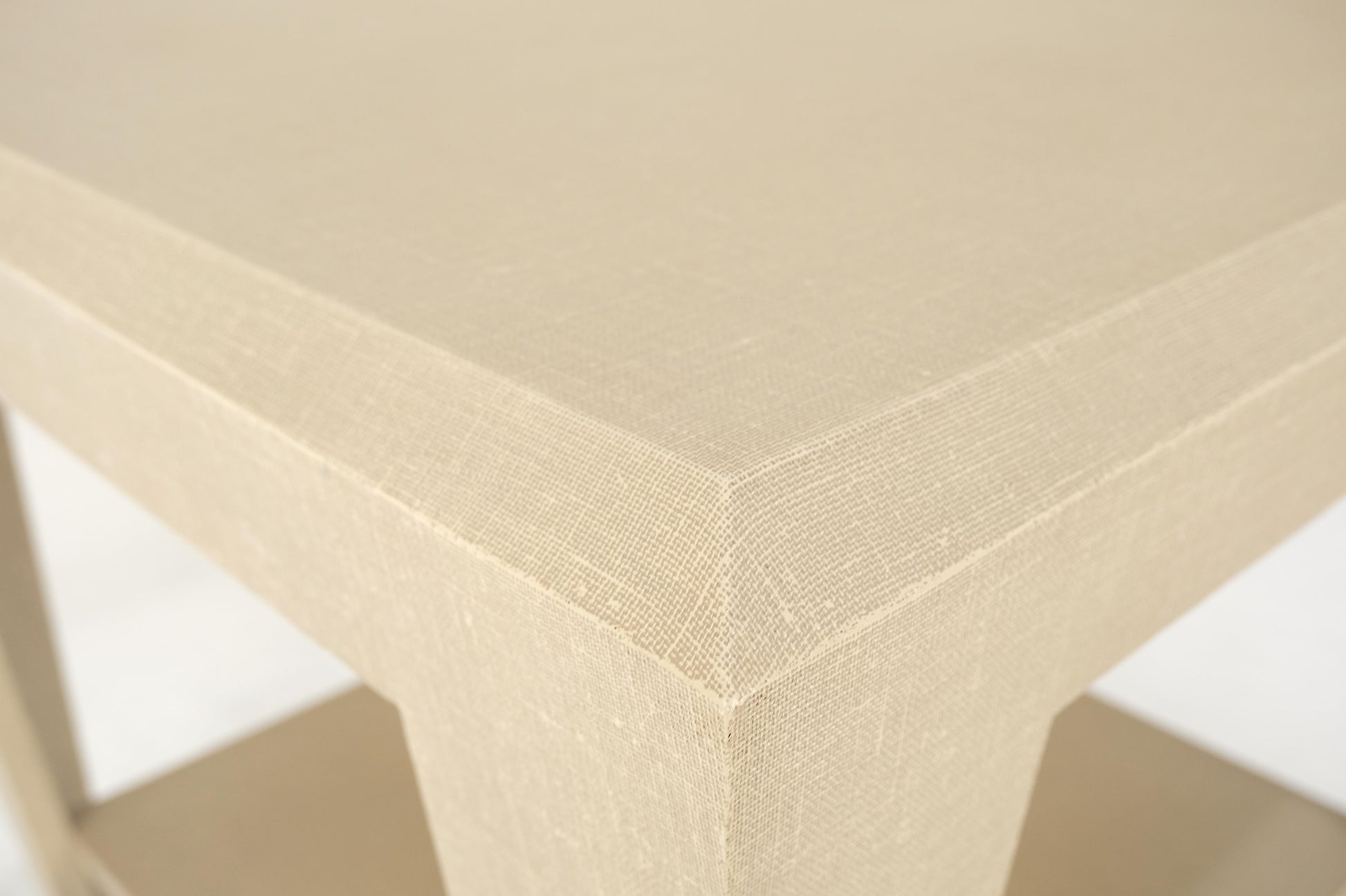 EstablishedLines Lacquered Cloth Rectangle Tapered Legs Two Tier Bottom Shelf Beige End Table