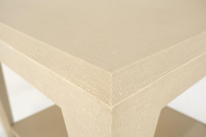 EstablishedLines Lacquered Cloth Rectangle Tapered Legs Two Tier Bottom Shelf Beige End Table