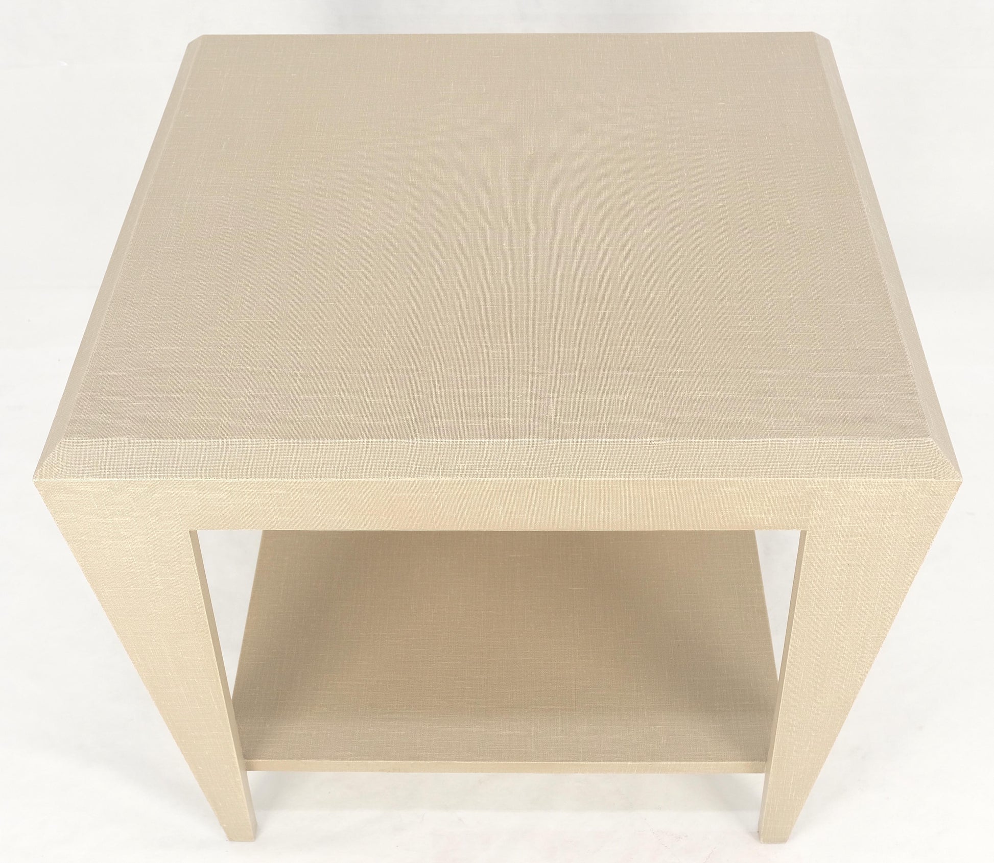 EstablishedLines Lacquered Cloth Rectangle Tapered Legs Two Tier Bottom Shelf Beige End Table